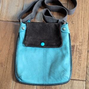 Gabs Don't Worry Be Happy Turquoise Leather Crossbody Bag with Brown Suede Flap